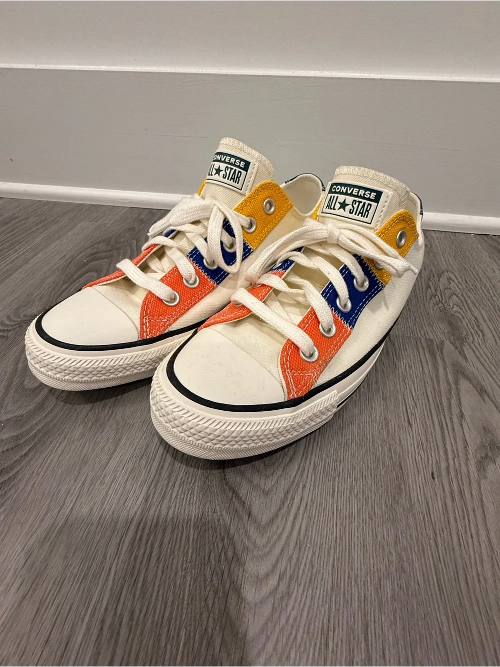 Converse Low Top Sneakers in Cream with Orange, Blue & Yellow Panels